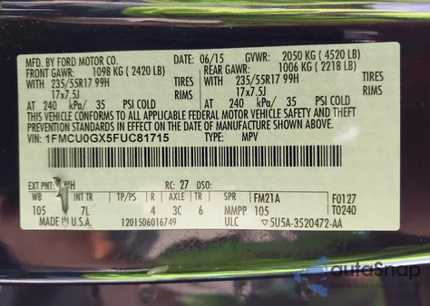 2015 Ford Escape Se from USA, damaged, VIN 1FMCU0GX5FUC81715